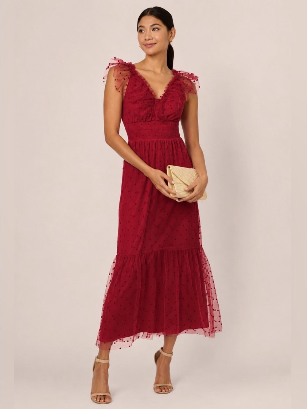 Adrianna Papell Dot Tulle Ruffle Dress Red Midi NWT Size 4